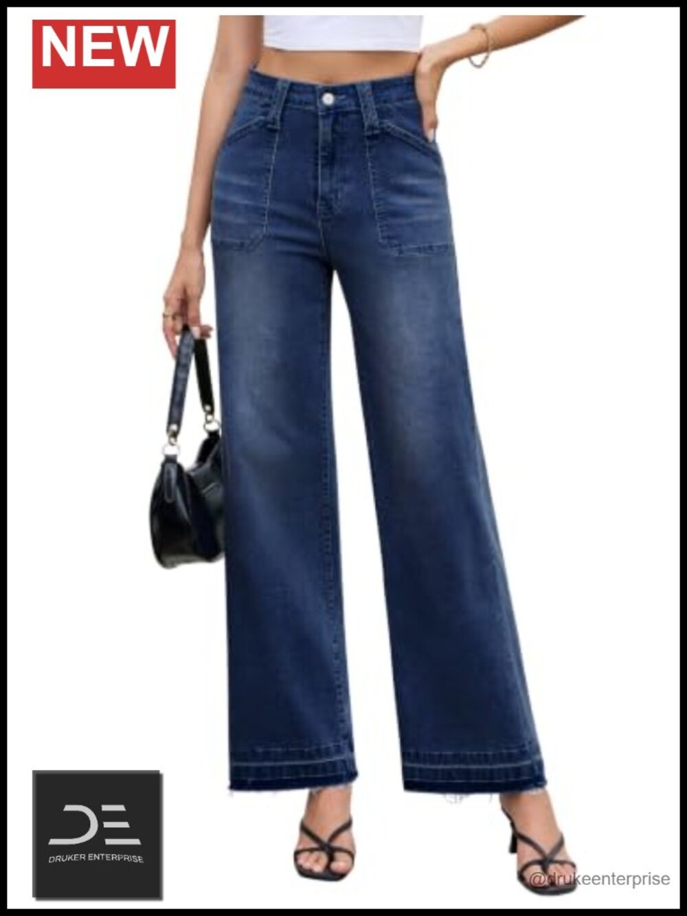 High Waisted Wide Leg Baggy Jeans Stretchy Raw Hem Denim